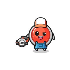 the woodworker emergency panic button mascot holding a circular saw