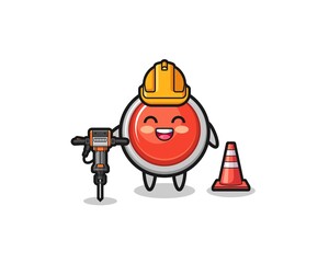 Obraz premium road worker mascot of emergency panic button holding drill machine