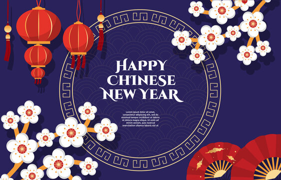 Flower Lantern Fan Happy Chinese New Year Celebration Blue Greeting Card
