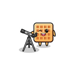 waffle astronomer mascot with a modern telescope