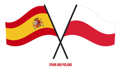 Spain and Poland Flags Crossed And Waving Flat Style. Official Proportion. Correct Colors.