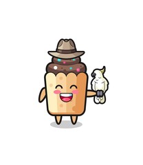 cupcake zookeeper mascot with a parrot