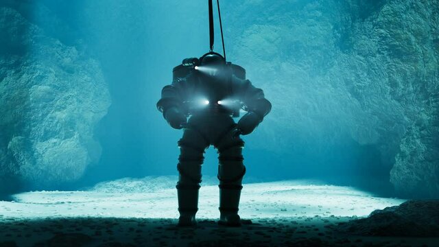 Diver in a high tech exosuit. Underwater discovering. Submarine suit. Adventure