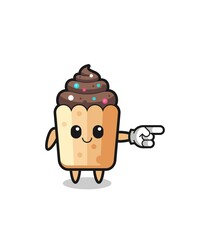 cupcake mascot with pointing right gesture