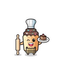 cupcake as pastry chef mascot hold rolling pin