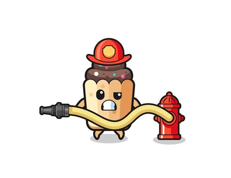 cupcake cartoon as firefighter mascot with water hose