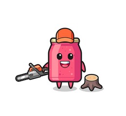 strawberry jam lumberjack character holding a chainsaw