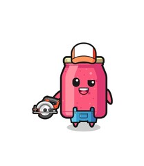 the woodworker strawberry jam mascot holding a circular saw