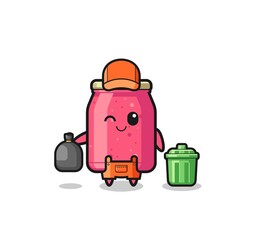 the mascot of cute strawberry jam as garbage collector