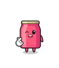 strawberry jam character doing Korean finger heart