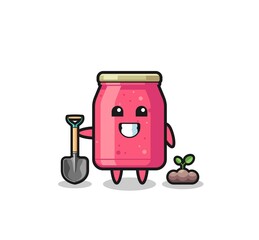 cute strawberry jam cartoon is planting a tree seed