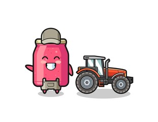 the strawberry jam farmer mascot standing beside a tractor