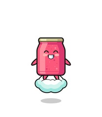 cute strawberry jam illustration riding a floating cloud