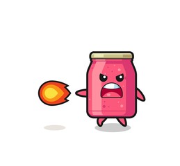 Fototapeta premium cute strawberry jam mascot is shooting fire power