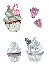 Cupcakes and berries watercolor grey and pink watercolor by hand vintage food
