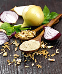 Onion powder and flakes in spoons on table