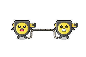 cute tape measure character is playing tug of war game