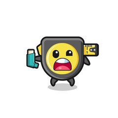 tape measure mascot having asthma while holding the inhaler
