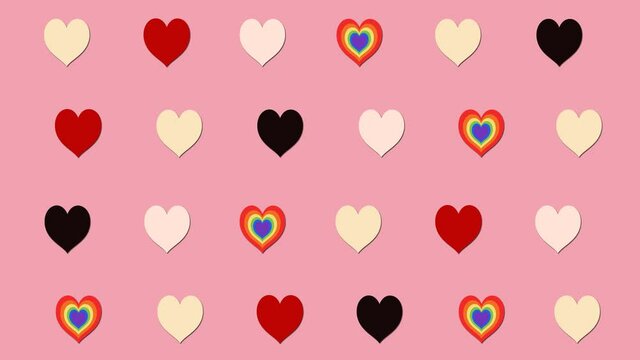 Multinational and valentine concept.Various ethnicities hearts movement on pink background.