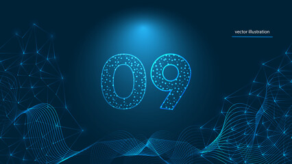 Number of 9 ,  abstract modern digital futuristic technology . Geometric light drops with networking lines template vector illustration on dark blue background.