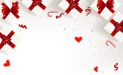 Holiday accessories on a table. 3d vector banner with copy space