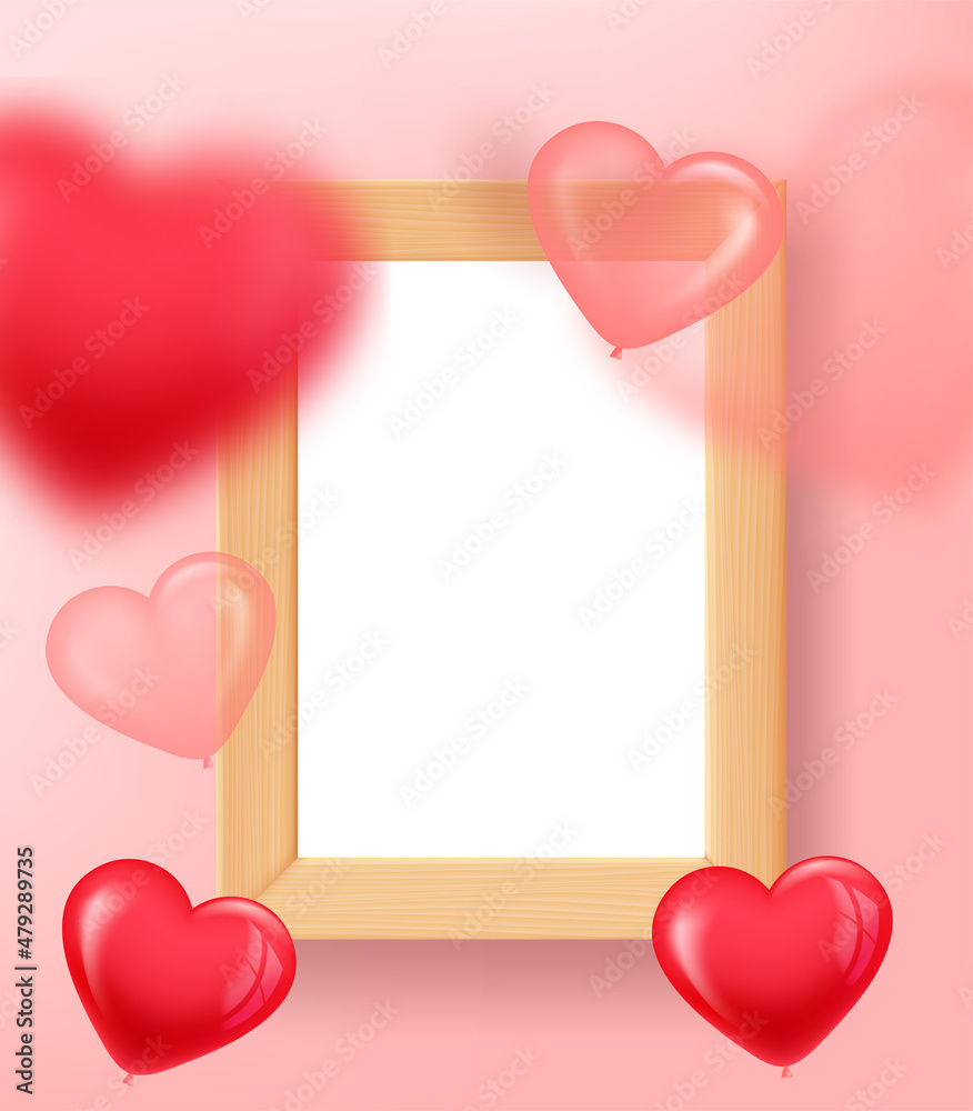 Poster empty wood frame with air balloons. 3d vertical vector mockup for design
