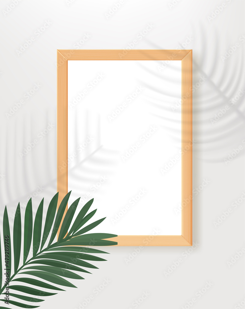 Poster Empty wood frame on the table with palm leaves shadows. 3d vertical vector mockup for design