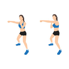 Woman doing Half squat jab cross exercise. Flat vector illustration isolated on white background - obrazy, fototapety, plakaty
