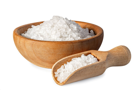 sea salt in wooden bowl and scoop isolated on white