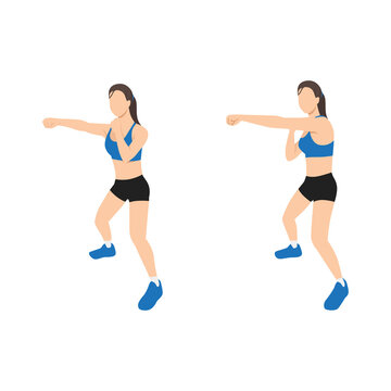 Woman Doing Half Squat Jab Cross Exercise. Flat Vector Illustration Isolated On White Background