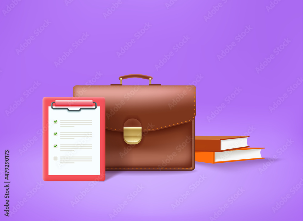 Poster briefcase with contract and books. 3d vector illustration
