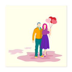 Warm flat art scene of Valentine man and woman couple holding each other and woman holding heart shaped balloons.