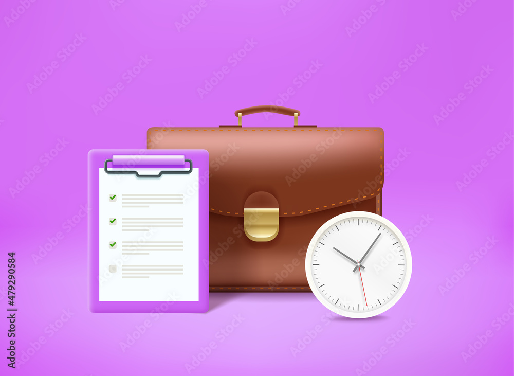 Poster Briefcase with contract and clock. Time management concept. 3d vector illustration