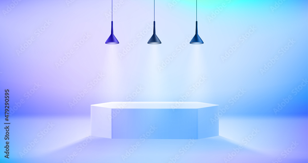 Poster illuminated stage with projectors and podium. 3d vector illustration
