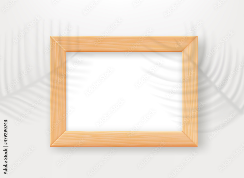 Poster Empty wood frame on the table with palm leaves shadows. 3d vector mockup for design