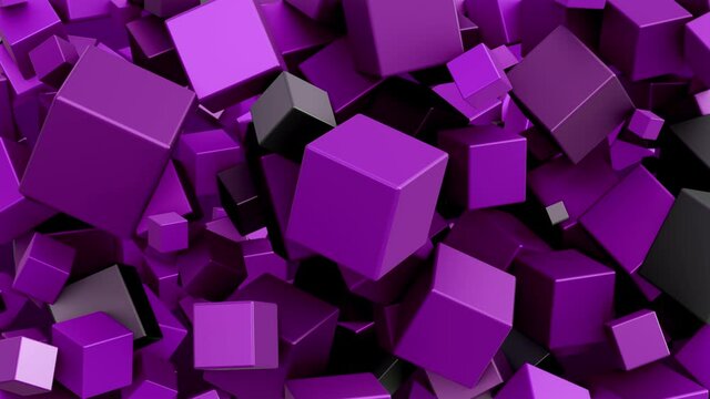 Field of brushed pink and grey cubes rotating in a low gravity field