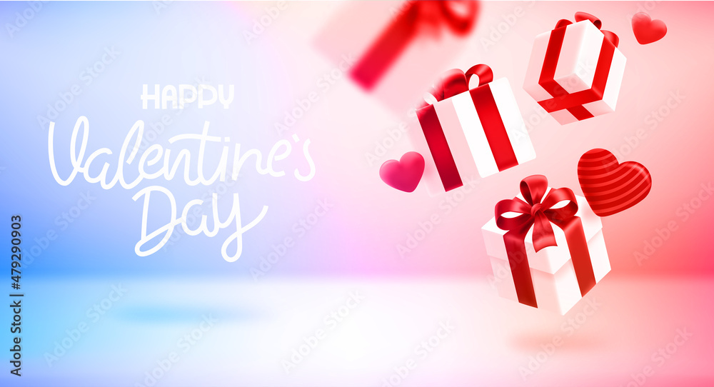 Poster valentines day card with falling gift boxes and hearts. 3d vector banner with copy space