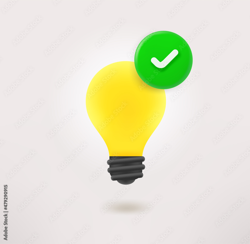 Poster glowing lightbulb icon with checkmark. 3d vector icon