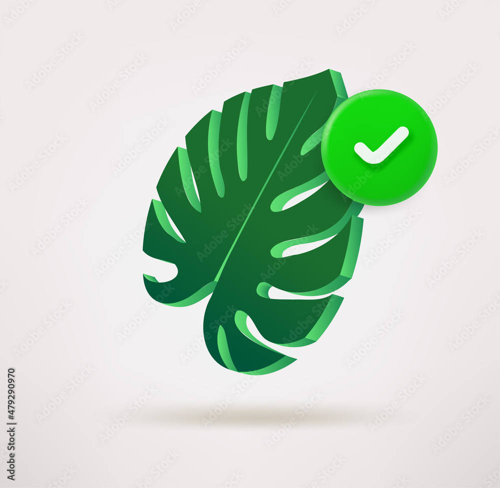 Poster green leaf icon with checkmark. 3d vector icon
