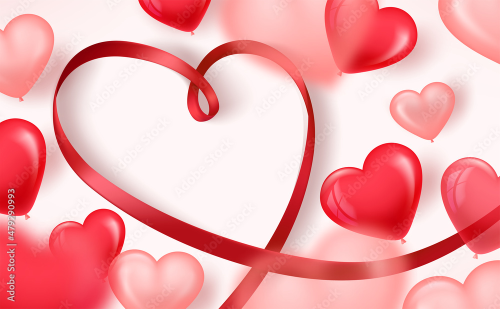 Poster valentines day banner with red ribbon frame. 3d vector