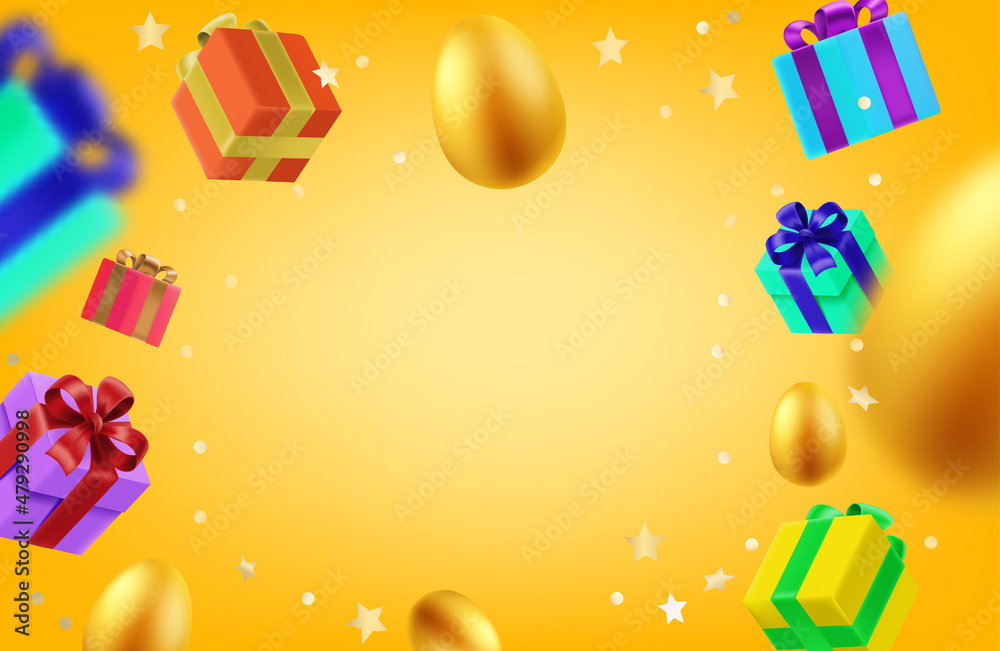 Aufkleber Gift boxes and eggs in the air. 3d vector frame with copy space