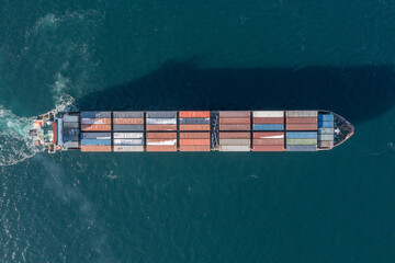 Sea container ship is moving at sea.