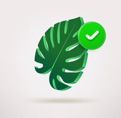 Green leaf icon with checkmark. 3d vector icon
