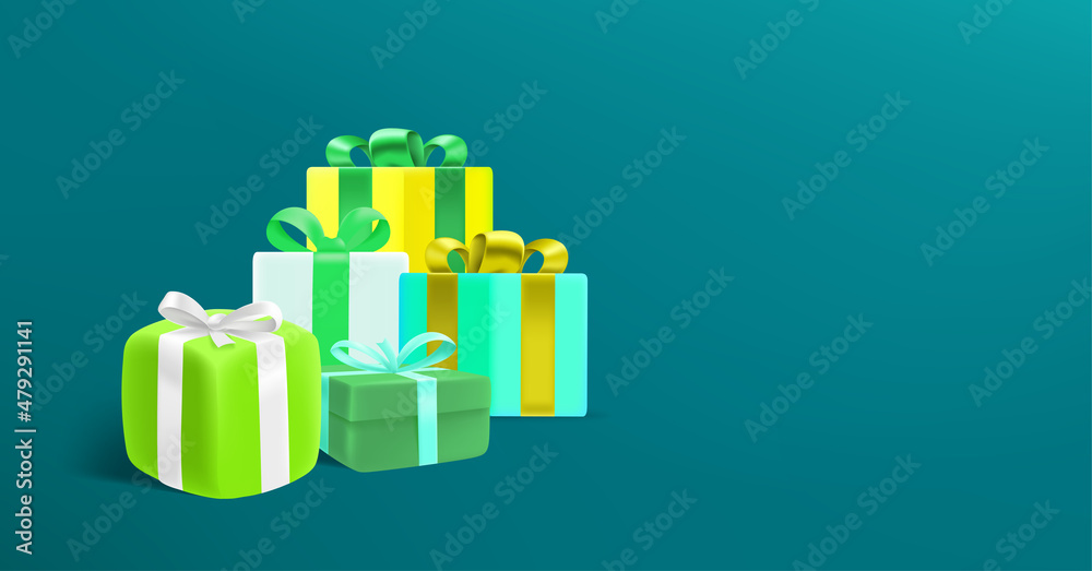 Aufkleber gift boxes with color bows vector set. 3d banner with copy space