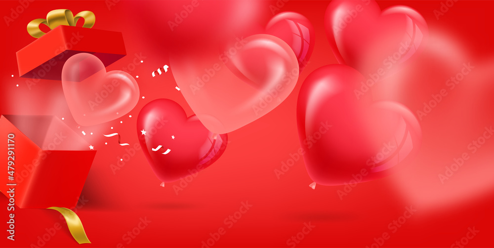 Poster opened red gift box with red and pink hearts. 3d vector banner with copy space