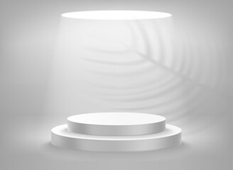 Empty illuminated room with round podium and shadows of plant. Realistic 3d vector illustration