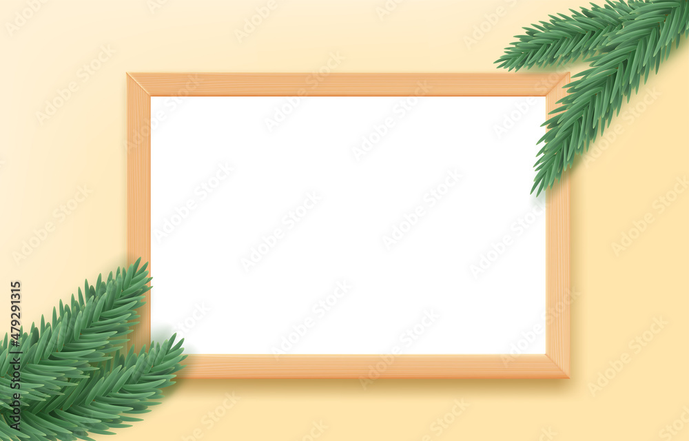 Poster empty wood frame on the table with pine branches. 3d landscape orintation vector mockup for design
