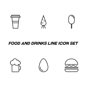 Food and drinks concept. Modern outline symbol and editable stroke. Line icon pack including signs of disposable cup, carrot, ice cream, bear, hamburger