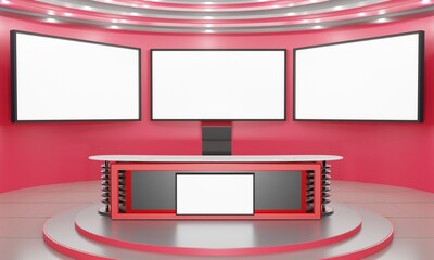 red table on stand with led screen background in a news studio room.3d rendering.	 - obrazy, fototapety, plakaty