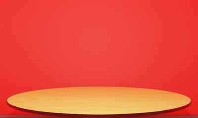wooden table in the red room.3d redering.